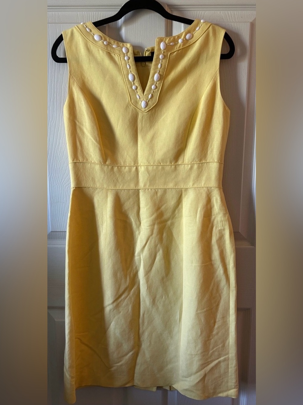 Alex Marie Linen Blend Soft Yellow‎ Lined Sleeveless Shift Midi Dress Beaded 8